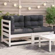 Градински диван с възглавници, 2-местен, бял,борово дърво масив