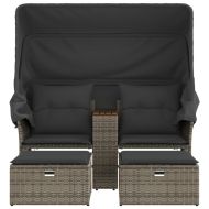 2-местен градински диван със сенник и табуретки сив полиратан