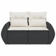 Градински диван с възглавници 2-местен черен полиратан