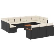 Градински диван с възглавници, 14 части, черен, полиратан