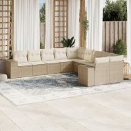 Градински диван с възглавници, 10 части, бежов полиратан