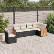 Градински диван с възглавници, 6 части, черен, полиратан