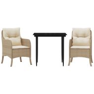 Градински комплект с възглавници, 3 части, бежов, полиратан