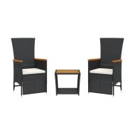 Градински комплект от 3 части с възглавници черни полиратан