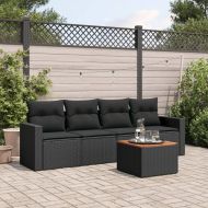 Градински комплект с възглавници, 5 части, черен полиратан