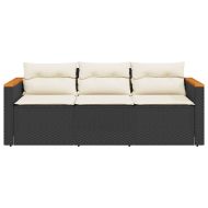 Градински диван с възглавници, 3-местен, черен, полиратан
