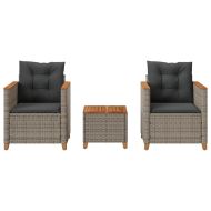 Бистро комплект с възглавници 3 части сив полиратан и акация