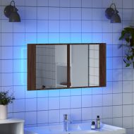 Шкаф с LED огледало за баня, кафяв дъб, 90x12x45 см, акрил