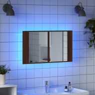 Шкаф с LED огледало за баня, кафяв дъб, 80x12x45 см, акрил