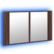 Шкаф с LED огледало за баня, кафяв дъб, 80x12x45 см, акрил