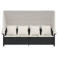 Шезлонг със сенник и възглавници, черен, полиратан