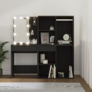 LED тоалетка с шкафове, черна, инженерно дърво