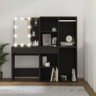 LED тоалетка с шкафове, черна, инженерно дърво