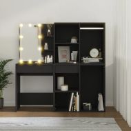 LED тоалетка с шкафове, черна, инженерно дърво