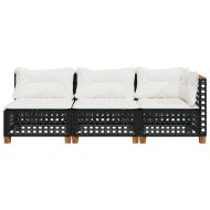 Градински диван с възглавници, 3-местен, черен, полиратан