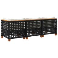 Градински диван с възглавници, 3-местен, черен, полиратан