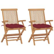 Градински столове с виненочервени възглавници 2 бр тик масив