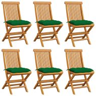 Градински столове със зелени възглавници 6 бр тик масив