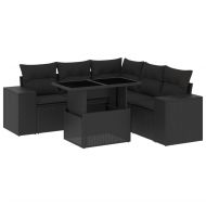 Градински диван с възглавници, 6 части, черен, полиратан