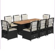 Градински трапезен комплект възглавници 9 части черен полиратан