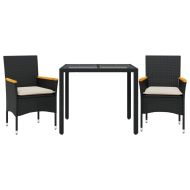 Градински комплект 3 части с възглавници черен полиратан/стъкло