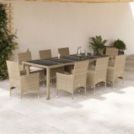 Градински комплект с възглавници 9 части бежов полиратан/стъкло