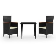 Градински трапезен комплект от 3 части с възглавници черен