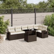 Градински комплект с възглавници, 7 части, кафяв, полиратан