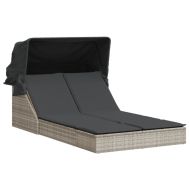 Двоен шезлонг със сенник и възглавници светлосив полиратан