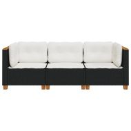 Градински диван с възглавници, 3-местен, черен, полиратан