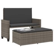 Градинска пейка с възглавници и табуретка, сива, полиратан