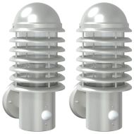 Външни стенни лампи със сензори, 2 бр, сребрист, инокс