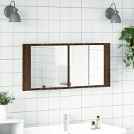 Шкаф с LED огледало за баня, кафяв дъб, 100x12x45 см
