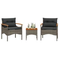 Градински комплект с възглавници, 3 части, сив, полиратан