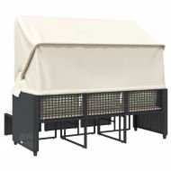 Градински диван 3-местен със сенник и табуретки черен полиратан