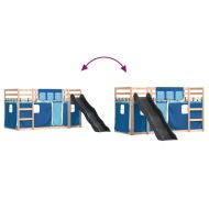 Двуетажно легло с пързалка и завеси, синьо, 90x190 см