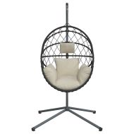 Висящ стол яйце със стойка, бежов, ратан и стомана