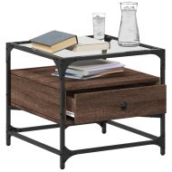 Маса за кафе със стъклен плот, кафяв дъб, 50x50x45 см, стомана