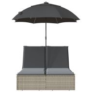 Двоен шезлонг с възглавници и чадър, светлосив, полиратан