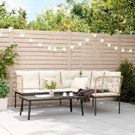 Градински диван с възглавници, черен, стомана и текстилен