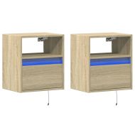 Нощни шкафчета за стена с LED осветление, 2 бр, сонома дъб