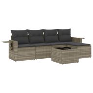 Градински комплект с възглавници, 6 части, светлосив полиратан