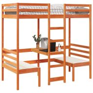 Таванско легло с бюро и столове восъчнокафяв 90x190см бор масив