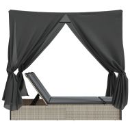 Двоен шезлонг с покрив и завеси светлосив полиратан