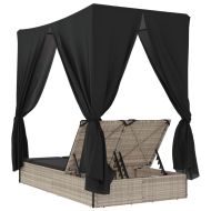 Двоен шезлонг с покрив и завеси светлосив полиратан