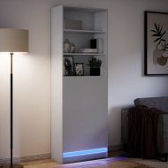 Висок шкаф с LED, бял, 69x32,5x200 см, инженерно дърво
