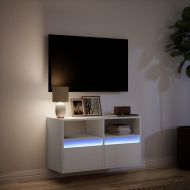 Стенен ТВ шкаф с LED осветление, бял, 80x31x45 см