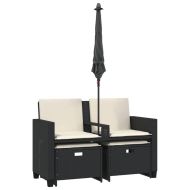 2-местен градински диван с чадър и табуретки черен полиратан