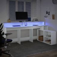Бюро с LED осветление, бяло, 200x104x91 см, инженерно дърво
