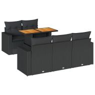 Градински диван с възглавници, 6 части, черен, полиратан